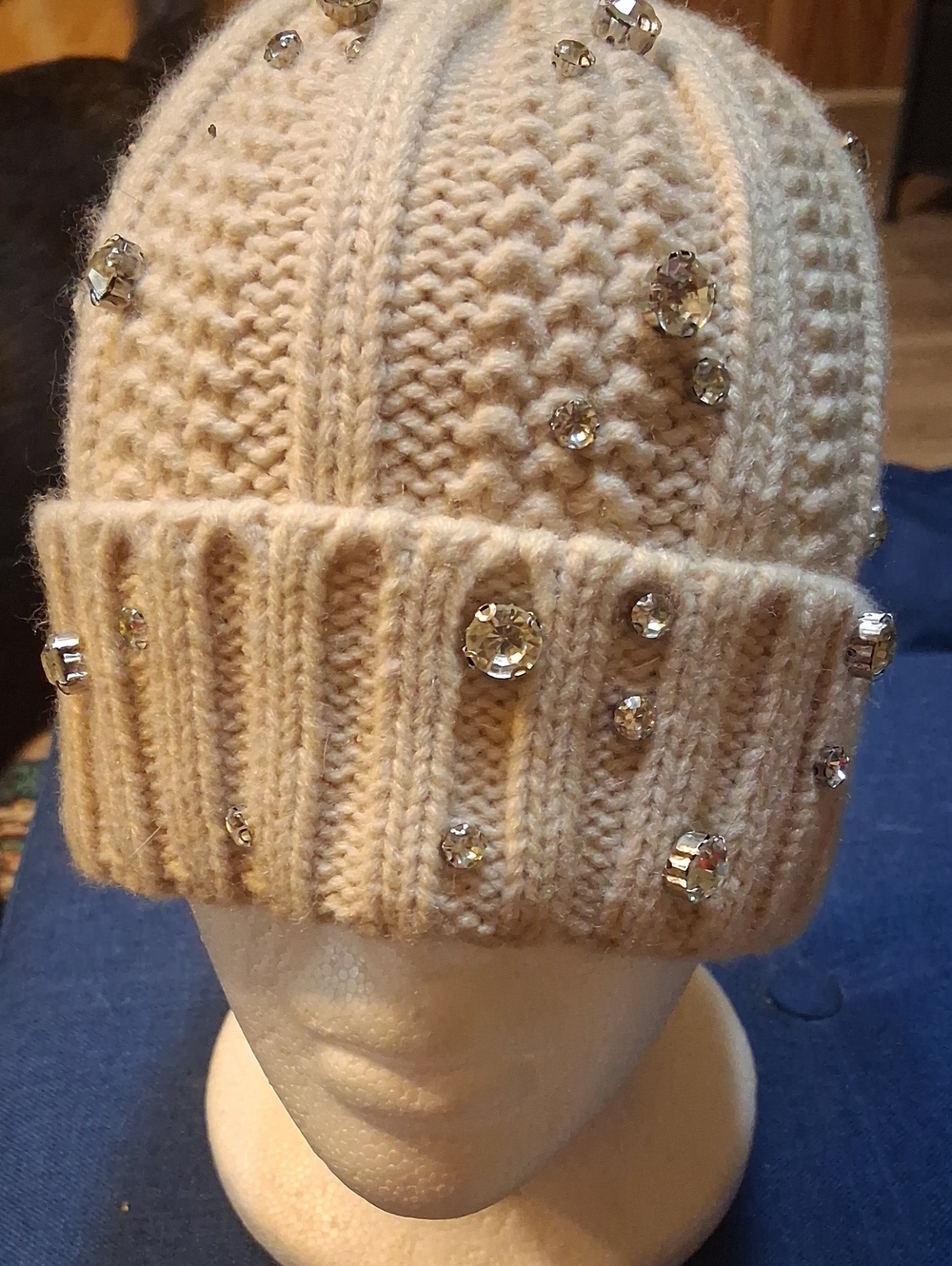 BCBGeneration Crystal Embellished Cream Knit Beanie NWOT
